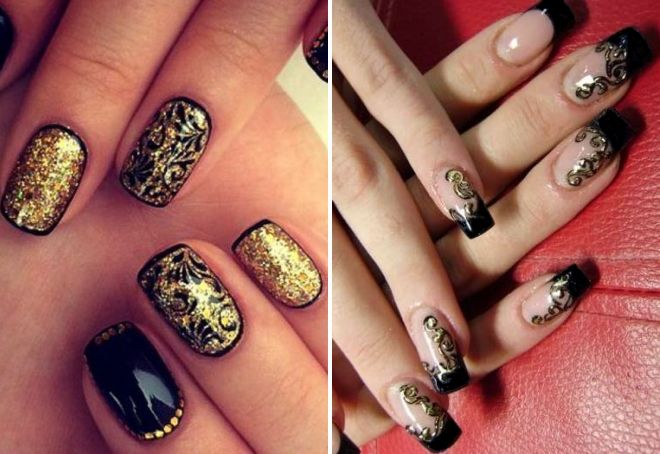 черен дизайн на ноктите със злато