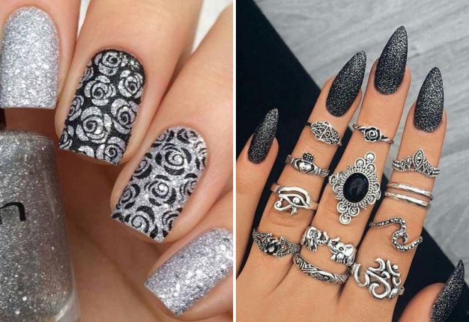 черен дизайн на ноктите със сребро