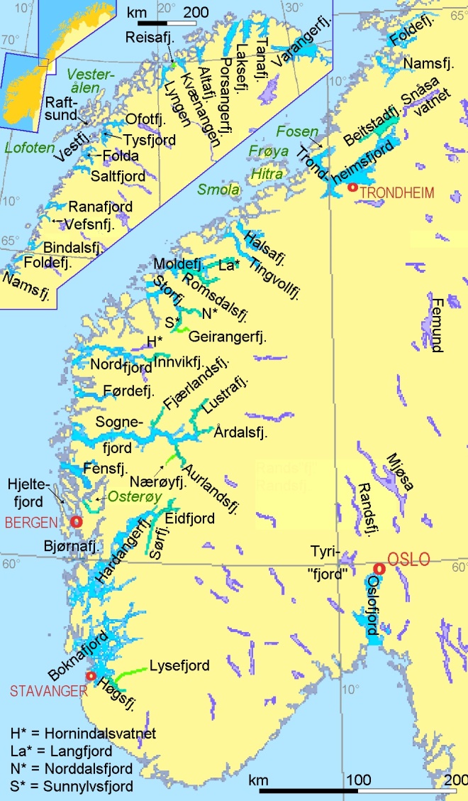 Fjordy z Norska na mapě
