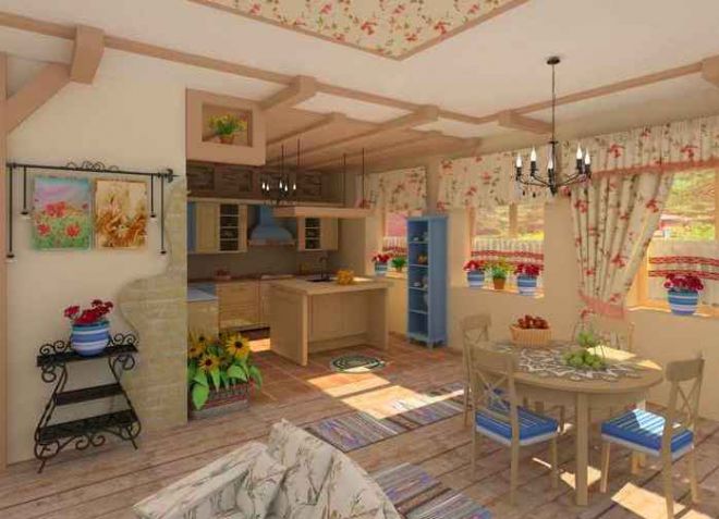 Интериорът на кухнята-хол в дървената къща на Прованс