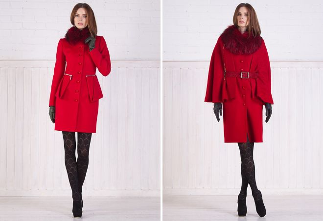 červený kabát s kožešinou