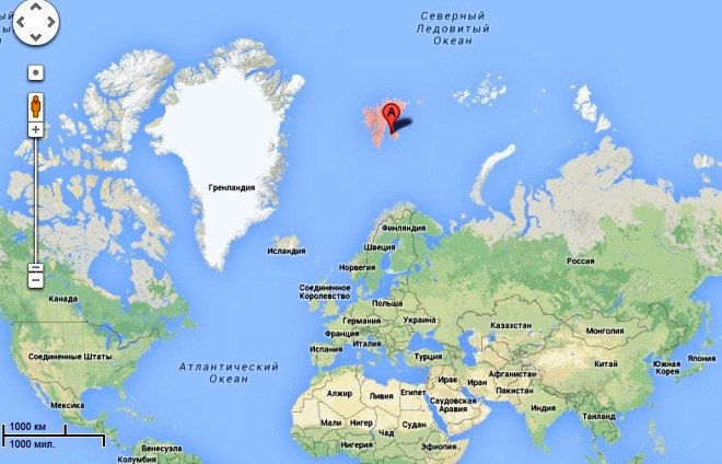 Остров Шпицберген на картата на света
