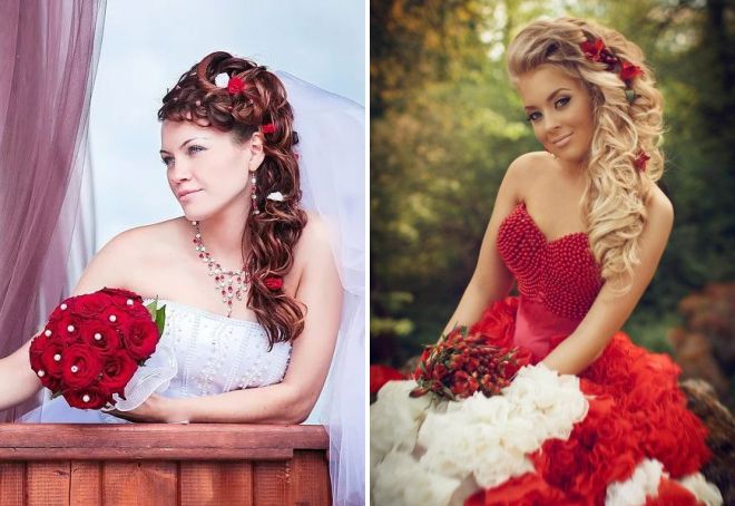 сватбени прически с червени цветя в косите им