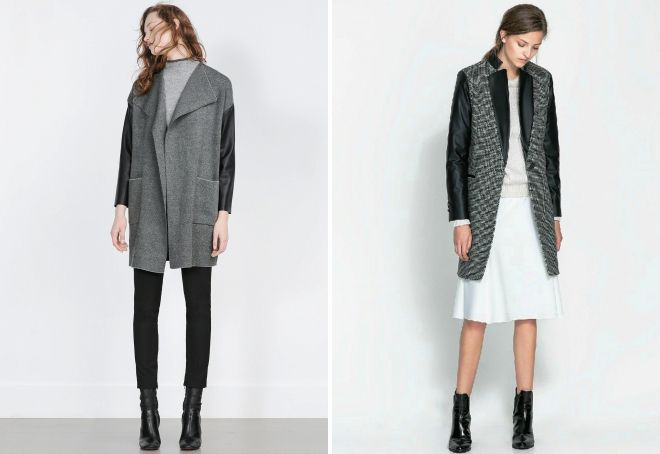 šedý kabát s koženými rukávy